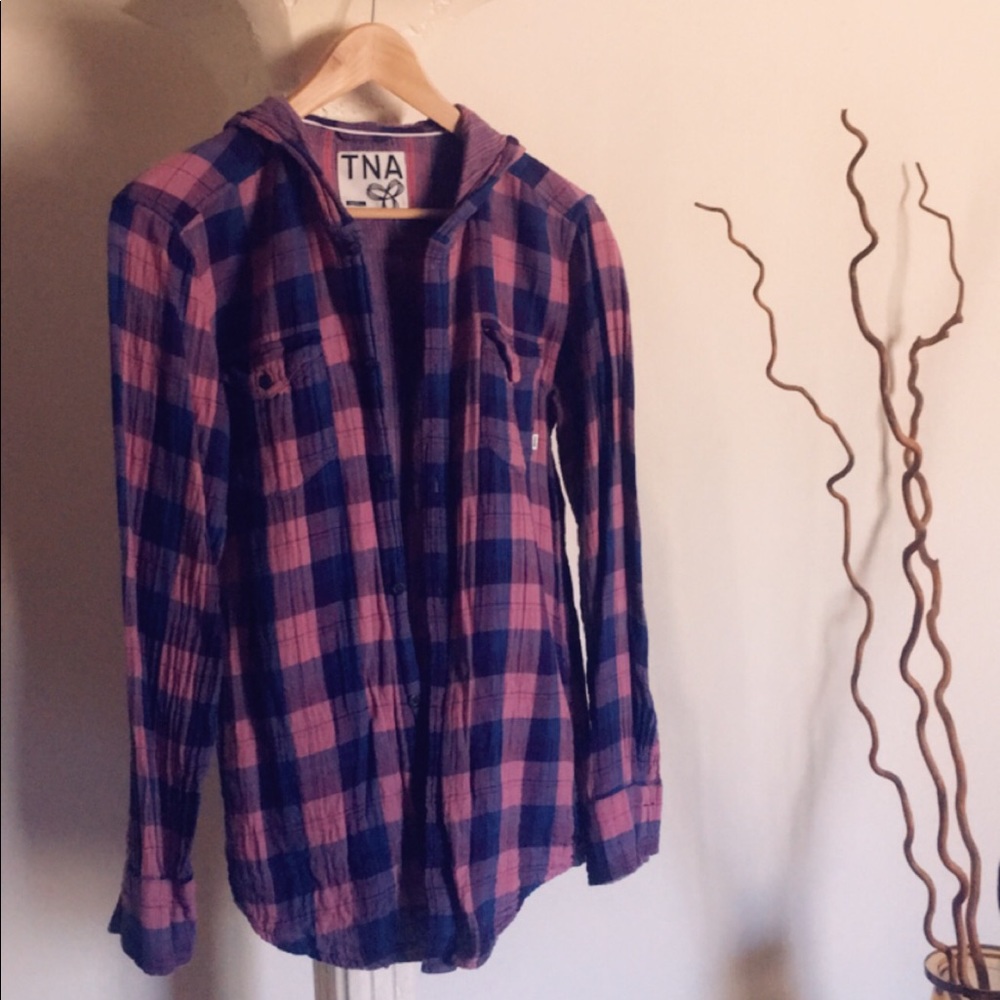 TNA pink/purple plaid top with hoodie